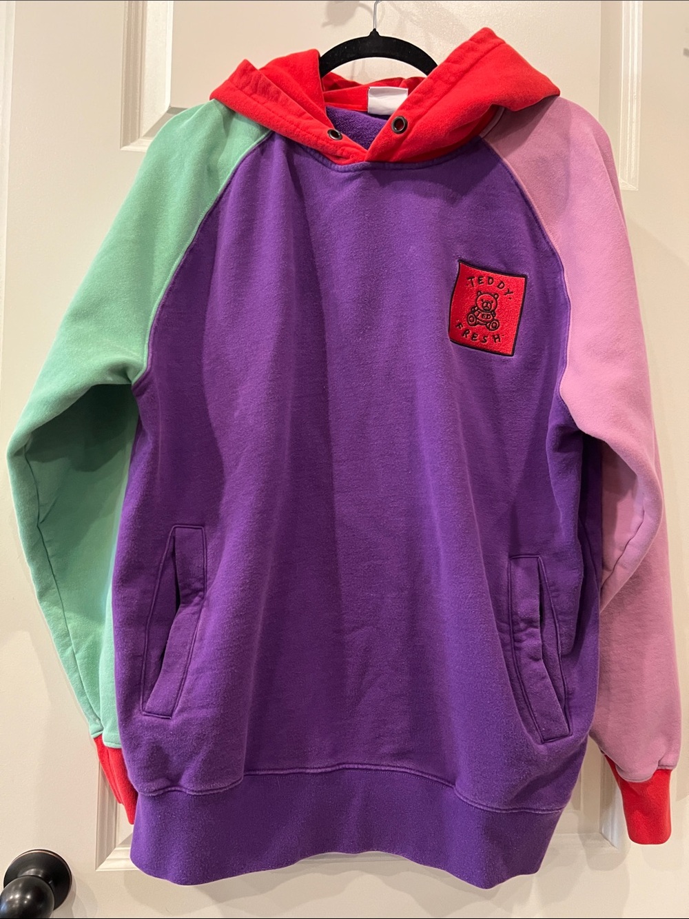 Teddy Fresh Purple Hoodie with Red Hood and Mint & Pink Sleeves Sz L